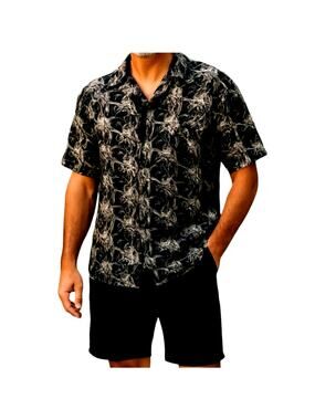 Paradise Style Hawaii Large Black Button Down Men's Shirt Short Sleeve L
